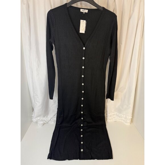 Sugar + Lips Black Ribbed Knit Button-Up Midi Cardigan Dress Size M - Picture 5 of 9